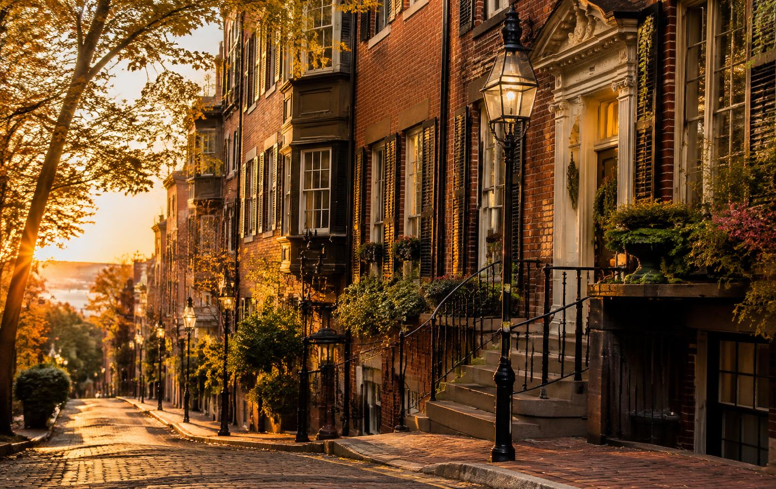 Beacon Hill brownstones in Boston at golden hour