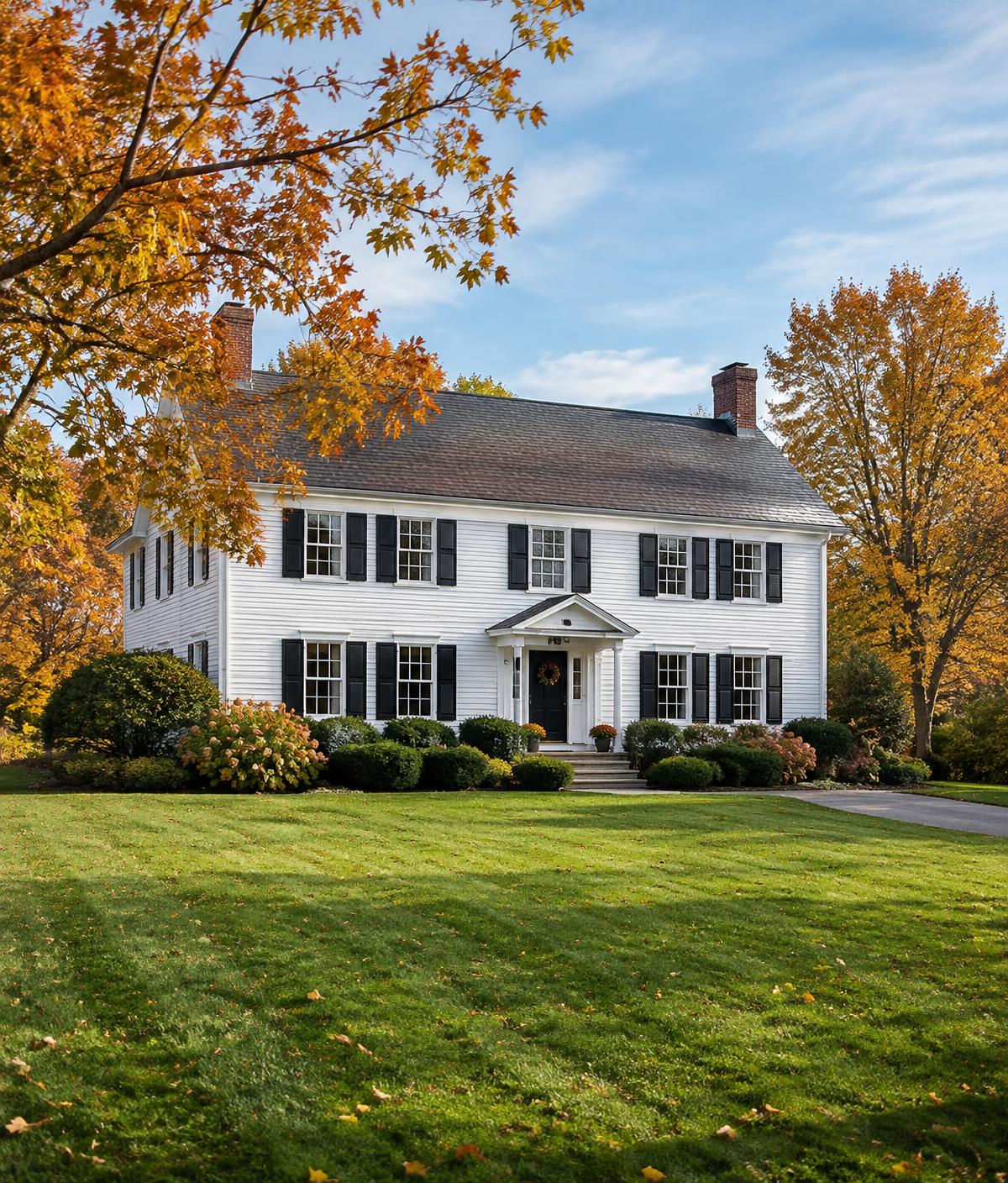 Classic white New England colonial home in autumn