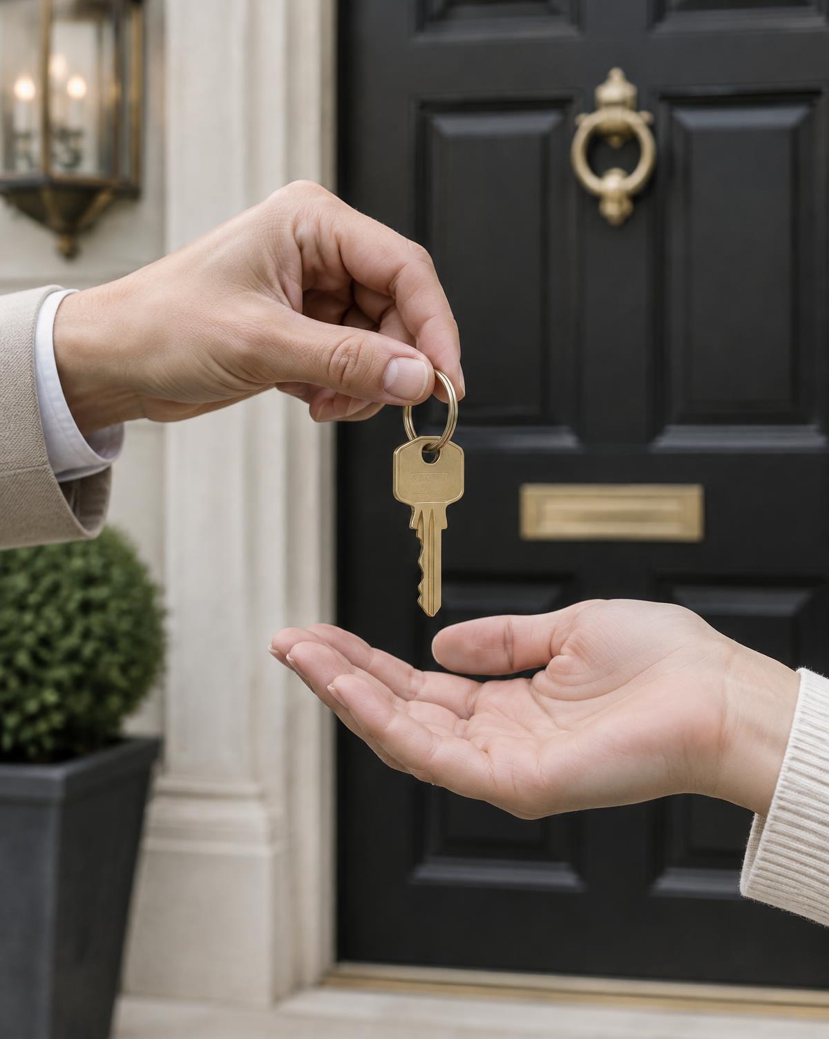 A brass house key handed over in front of a black front door