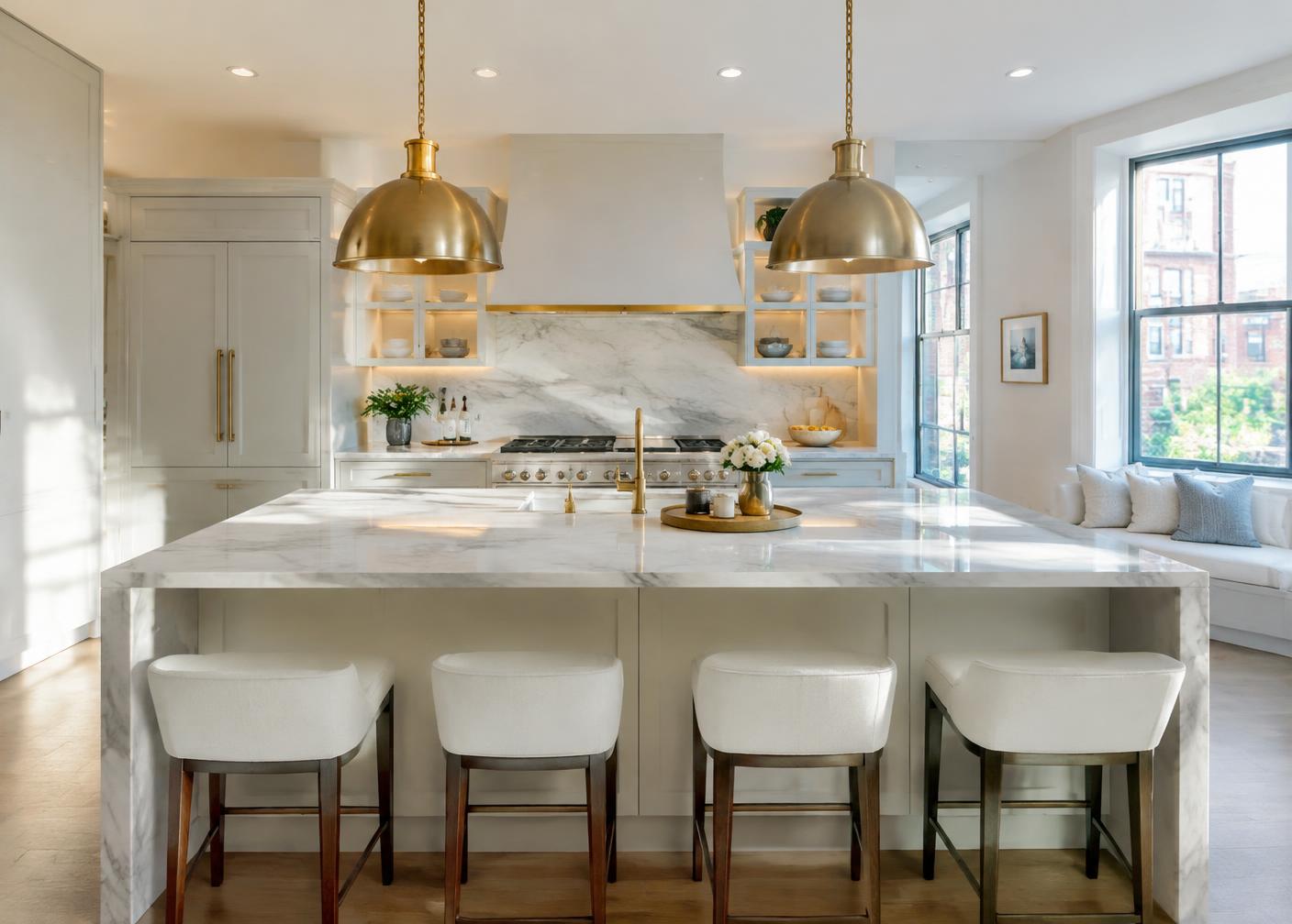 Renovated kitchen with a marble island in a Greater Boston home