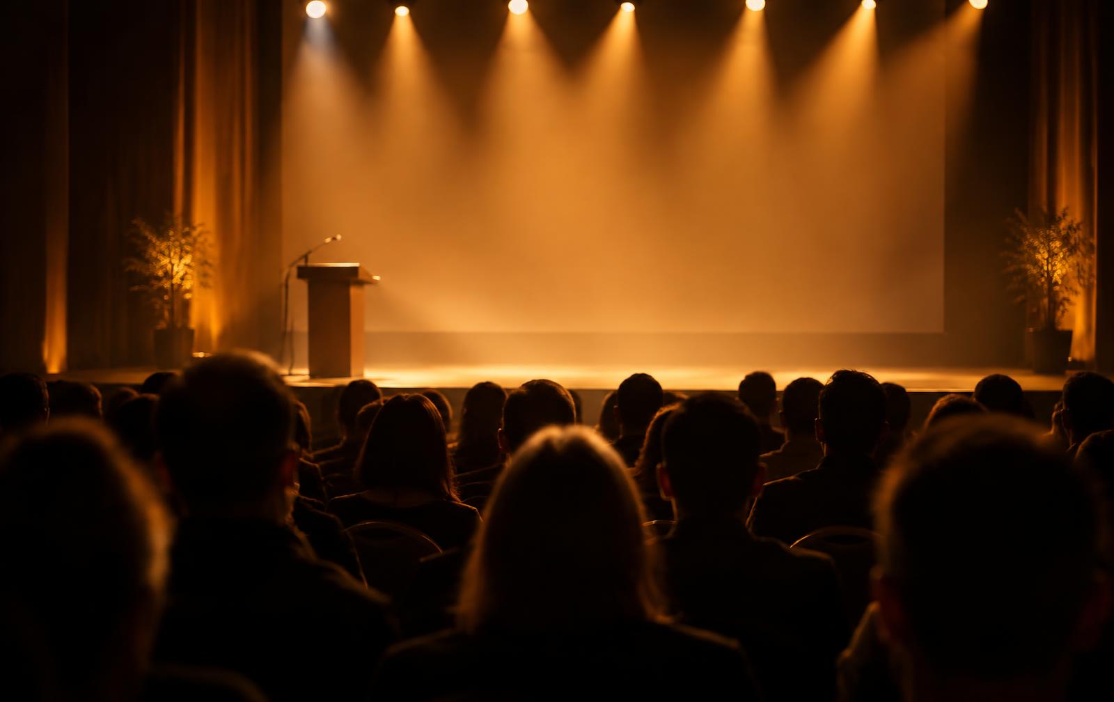 A warmly lit stage seen from the audience